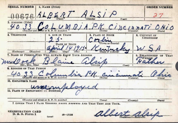Albert Alsip's registration card.