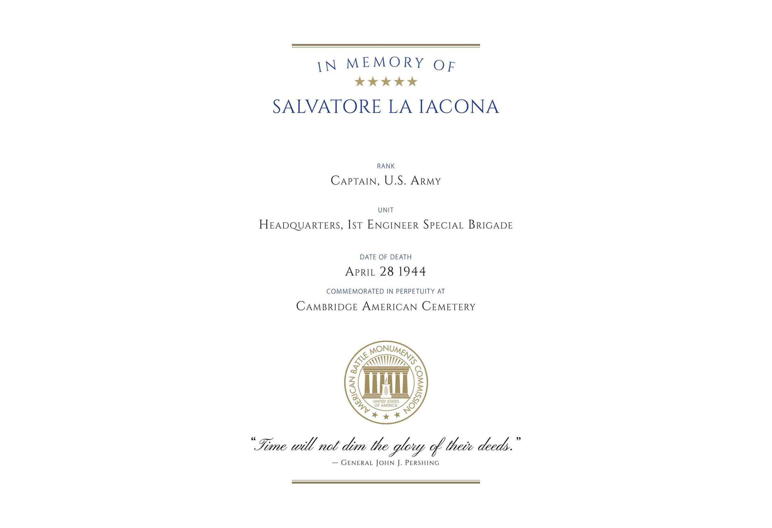 Captain Salvatore La Iacona's ABMC Memorial Certificate.