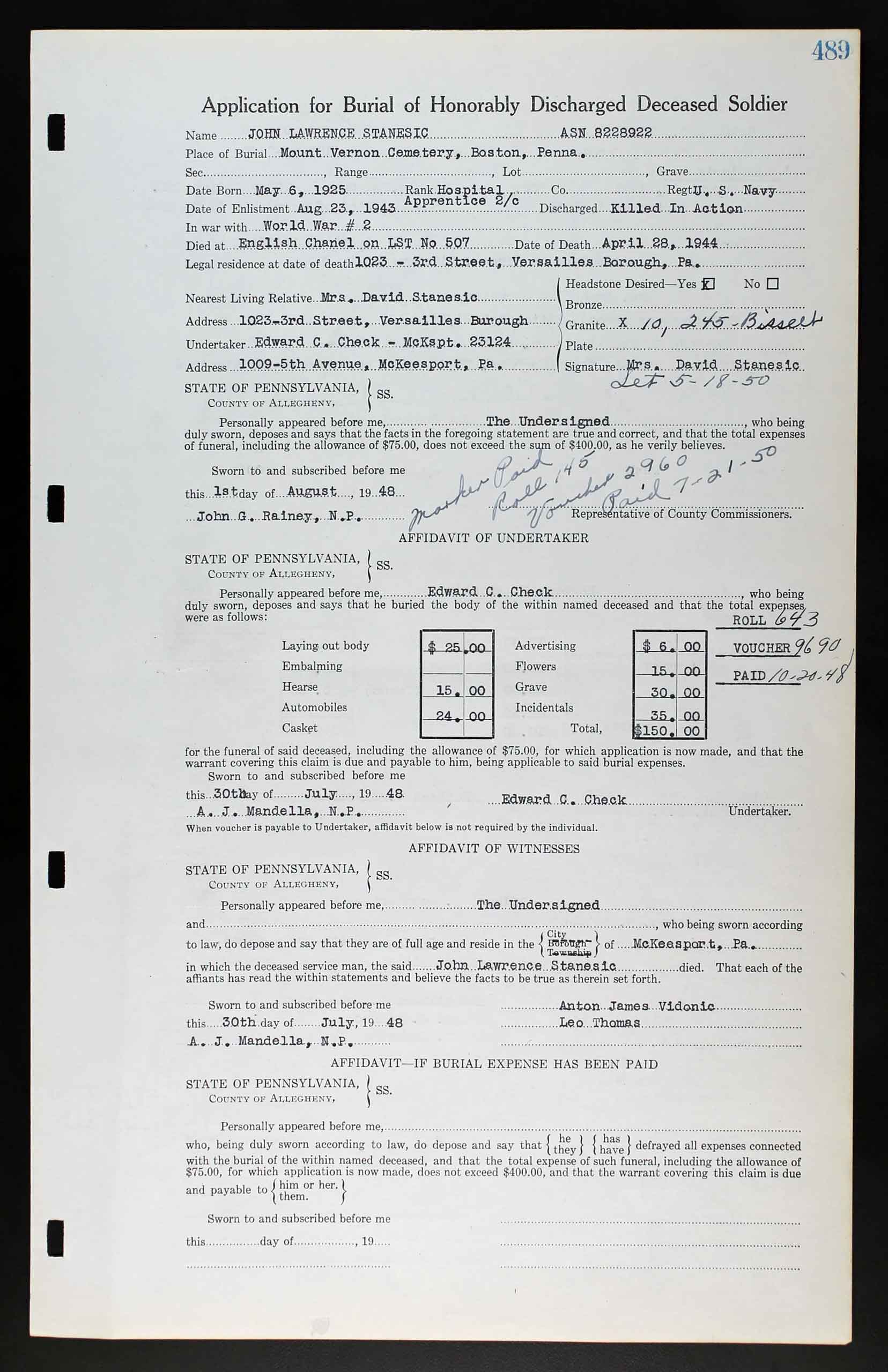Application form for the burial of John Stanesic.