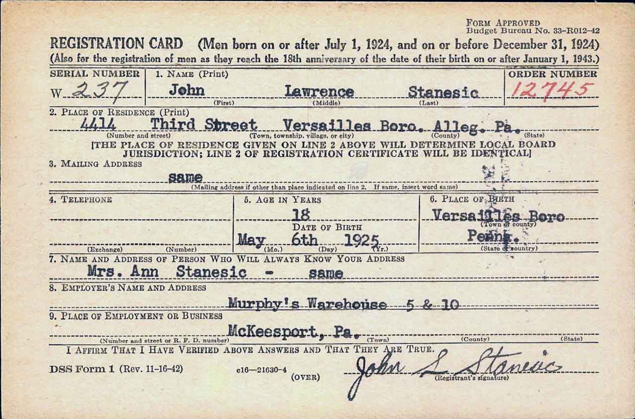 John Stanesic's Registration Card.