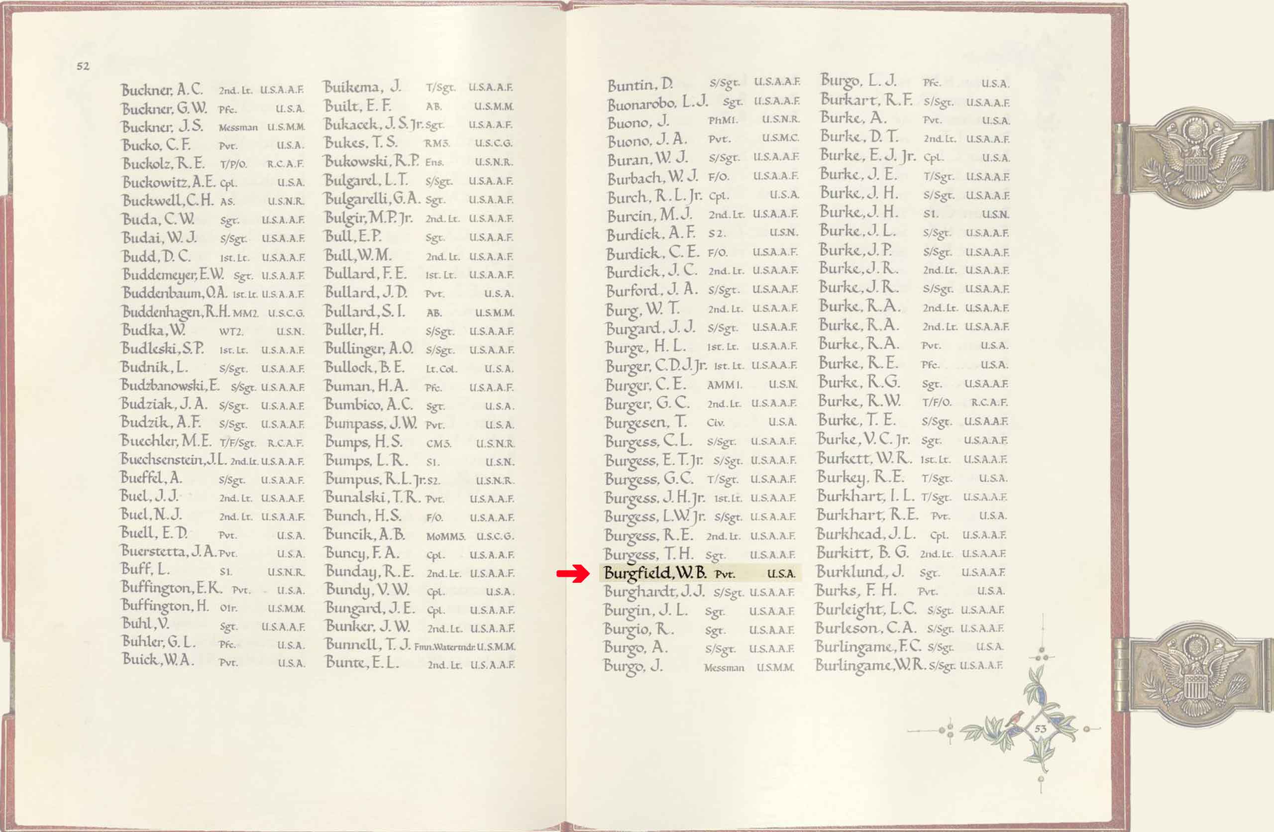 Image of the American Memorial Chapel Book entry for Private Walter Benjamin Burgfeld.