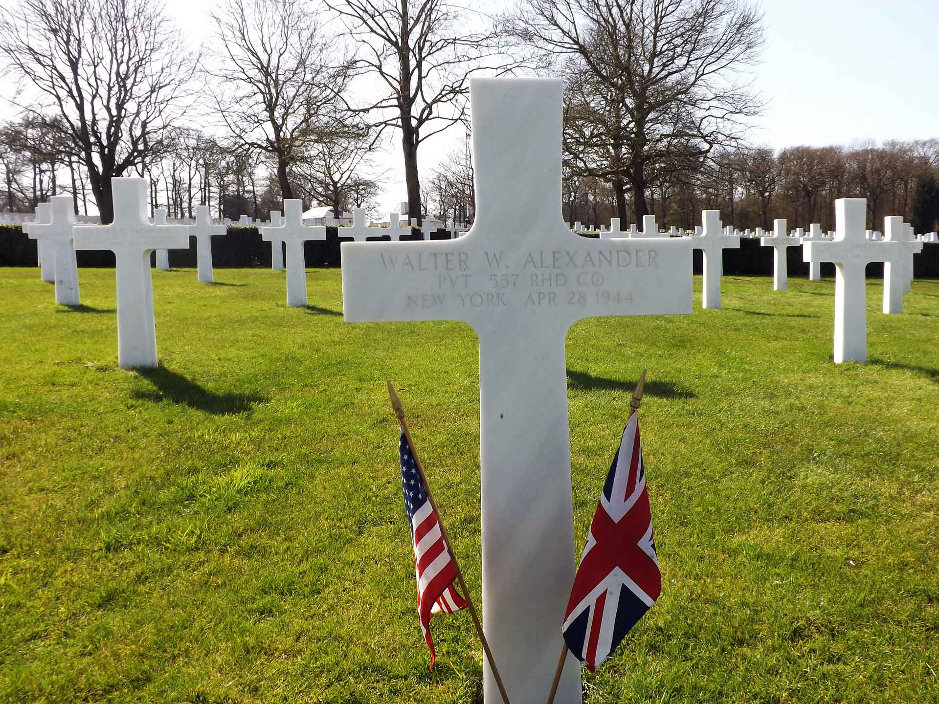Gravestone of Private Walter W. Alexander at the American Battle Monuments Commission Cemetery in Cambridge, England.