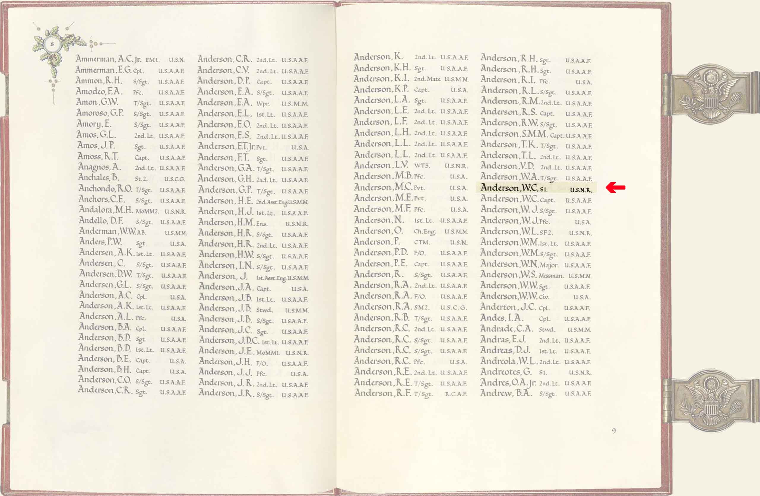 American Memorial Chapel Book entry for Seaman, First Class, Willard Cecil Anderson.