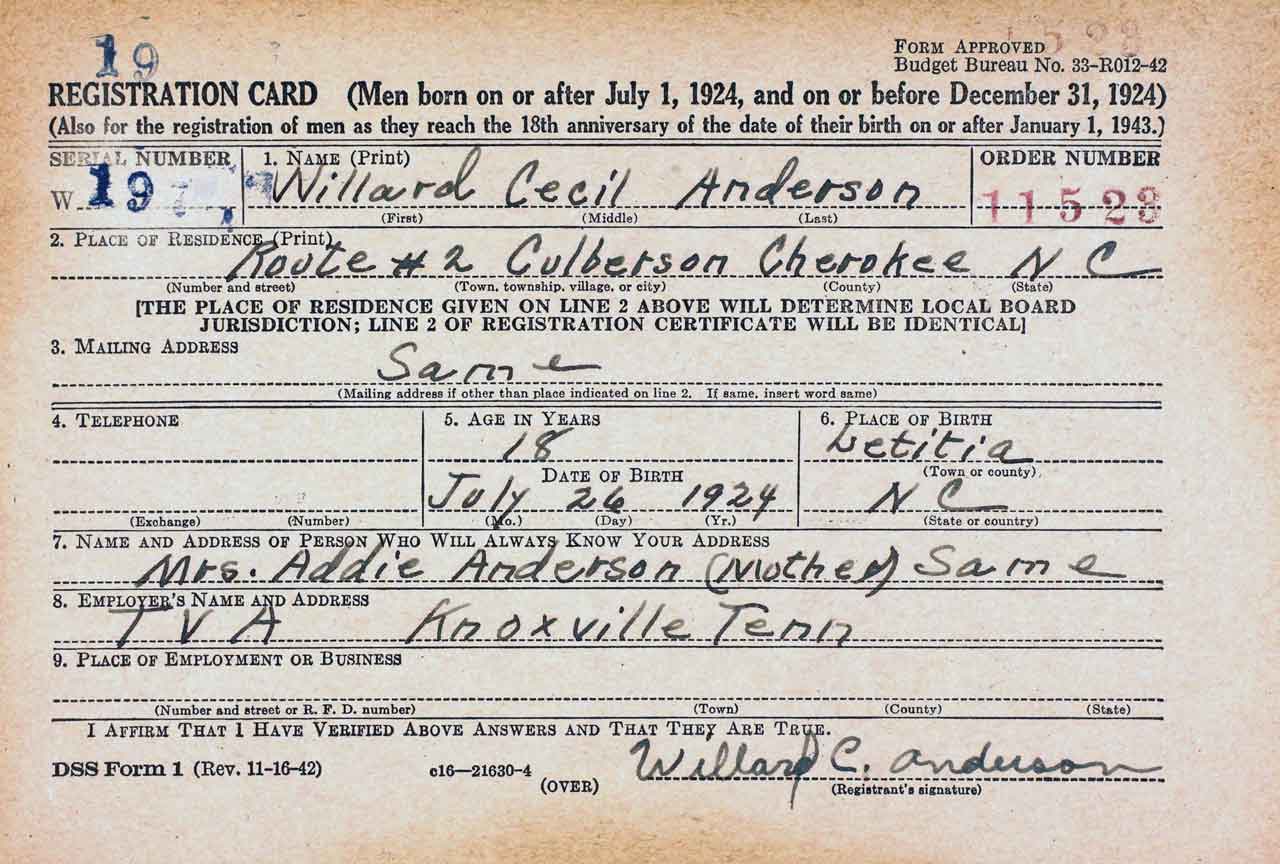 Seaman, First Class, Willard Cecil's enlistment record card.