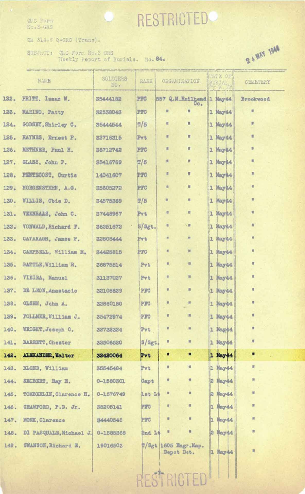 7th May 1944 Weekly Burial Report - page 7.