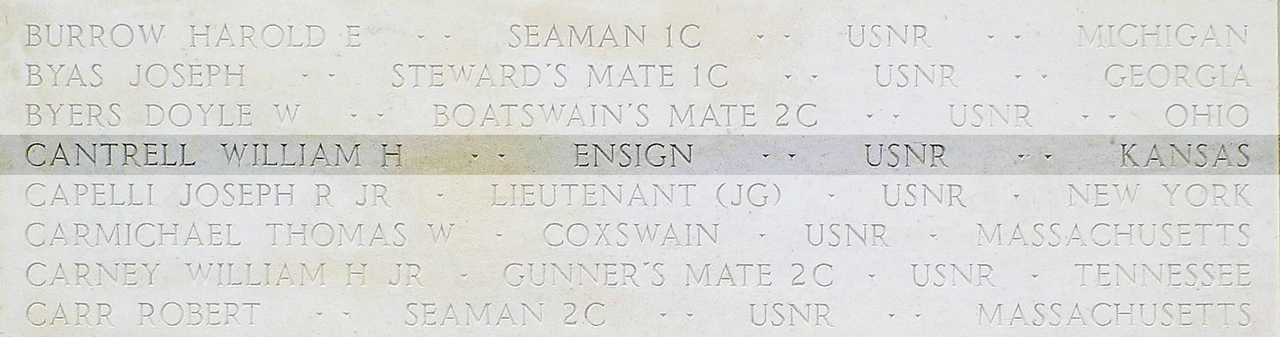 Ensign William H. Cantrell memorial on the ABMC Tablets of the Missing at the Normandy American Cemetery and Memorial.
