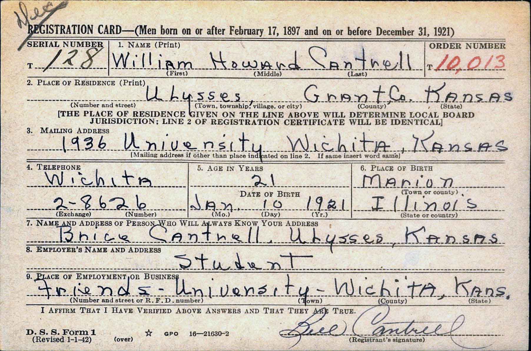 Ensign William H. Cantrell's Registration Card.
