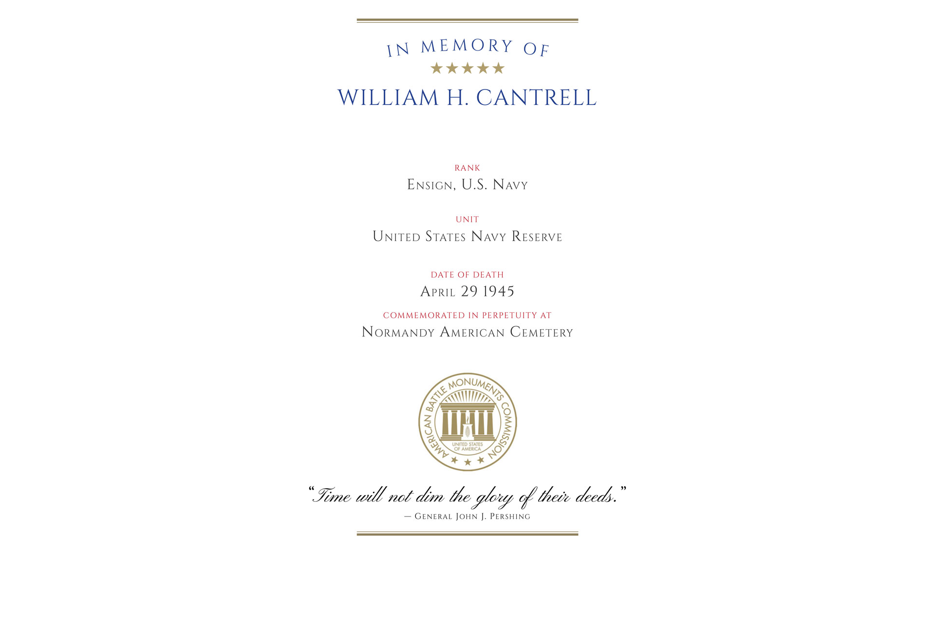 Ensign William H. Cantrell's ABMC Memorial Certificate.