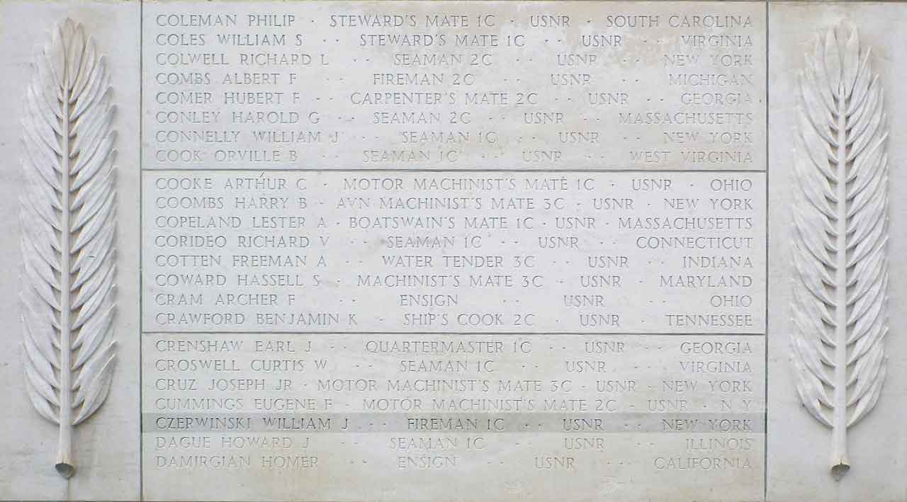 Fireman, 1st Class, William Joseph Czerwinski's memorial on the ABMC Tablets of the Missing at the Normandy American Cemetery and Memorial.