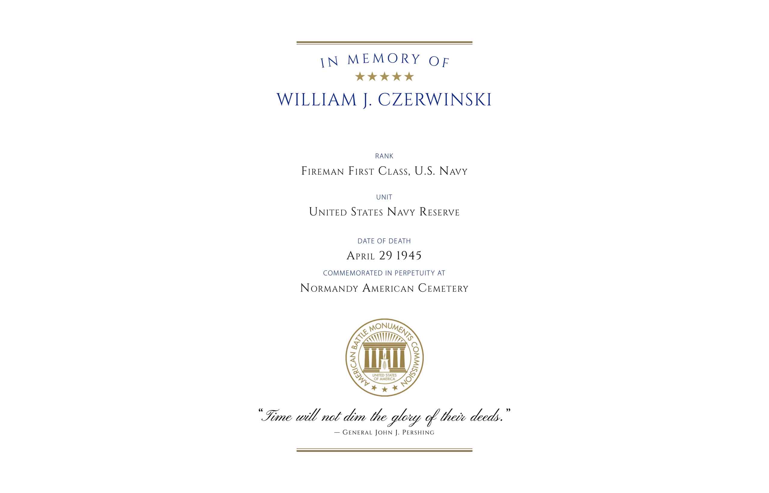 William Joseph Czerwinski's ABMC Memorial Certificate.