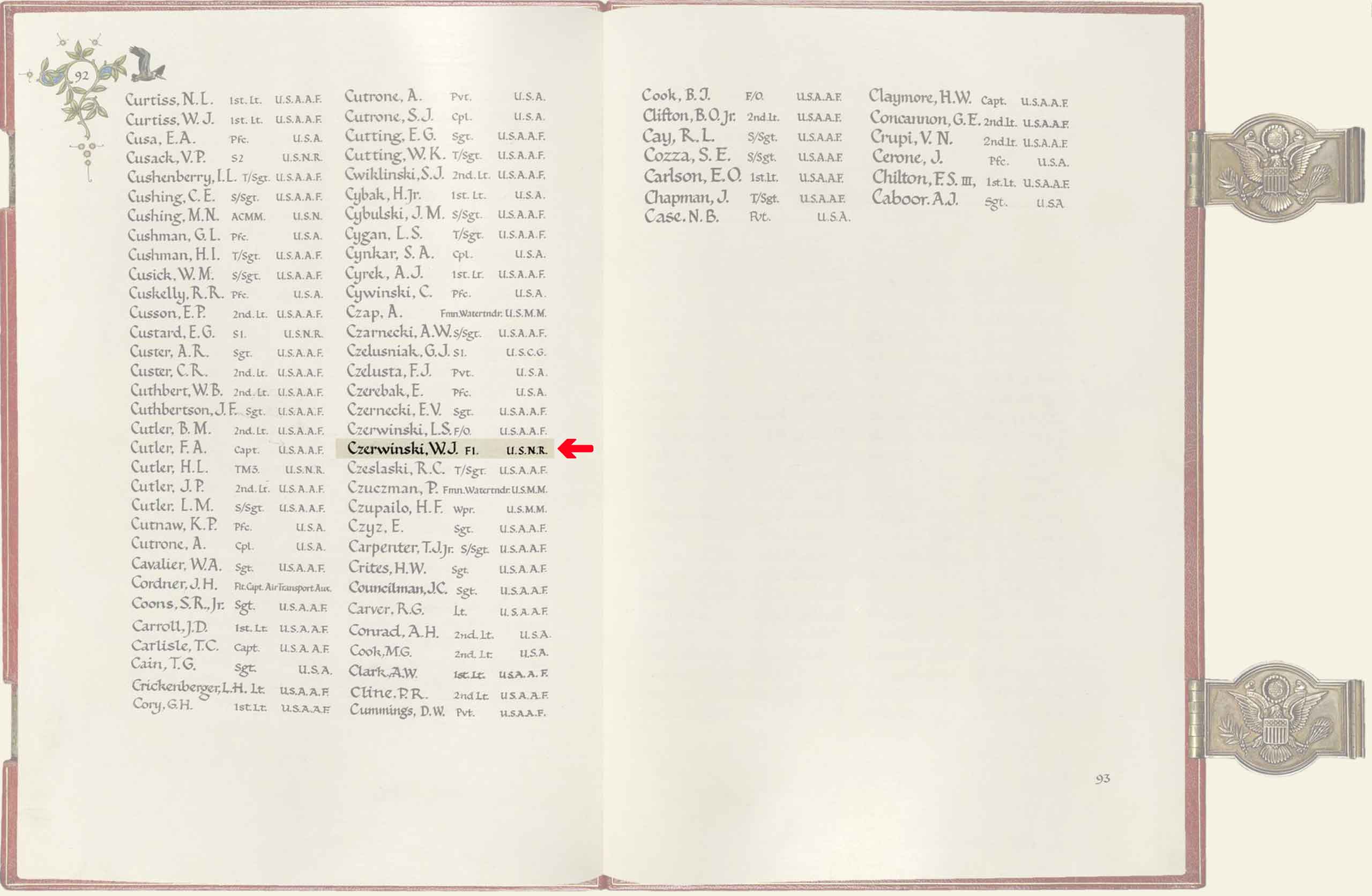 American Memorial Chapel Book entry for William Joseph Czerwinski.