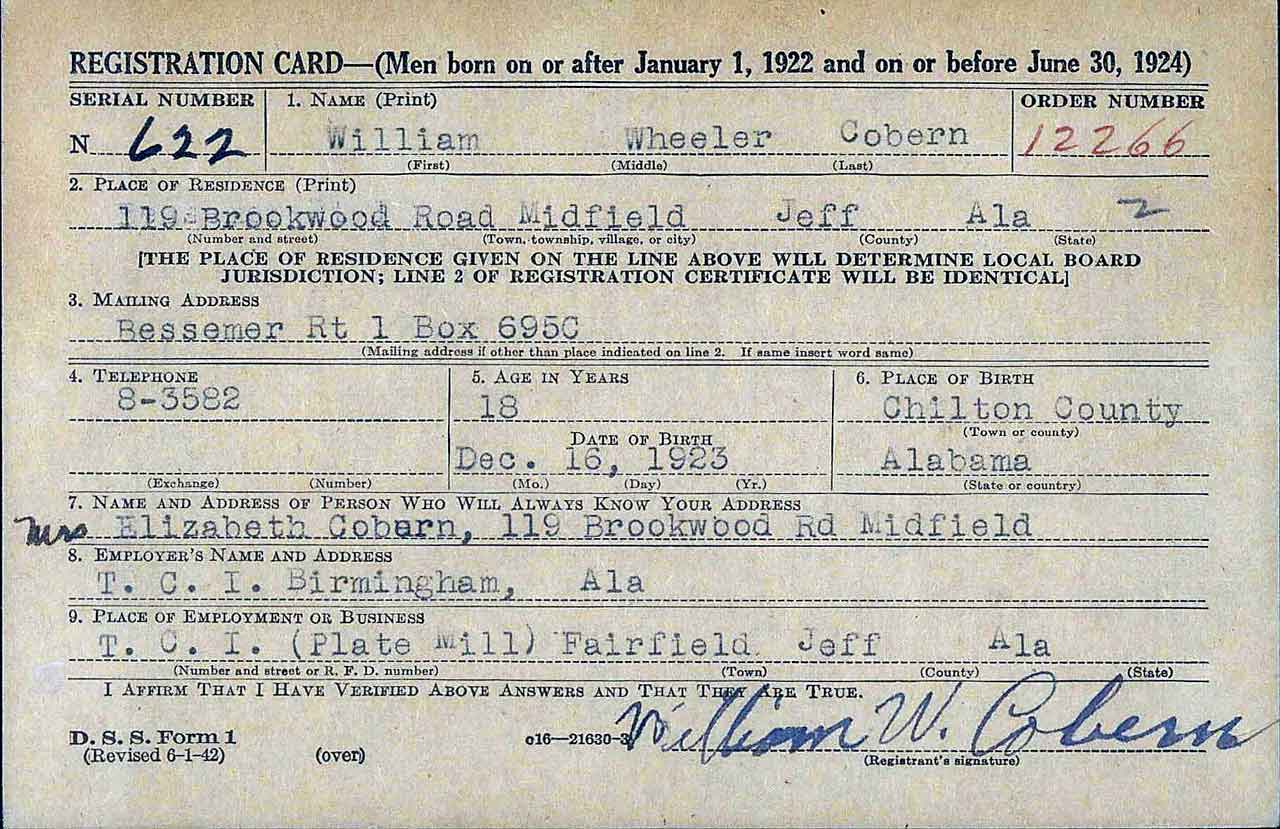 Motor Machinist's Mate Third Class William Wheeler Cobern enlistment record card.