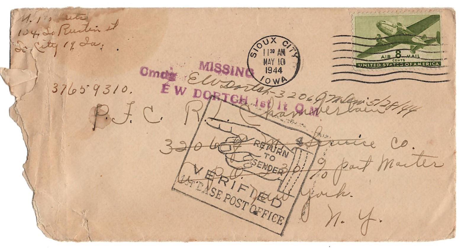Returned Envelope addressed to P.F.C. R.L. Chamberlain, 3206 Q.M. Service Co.